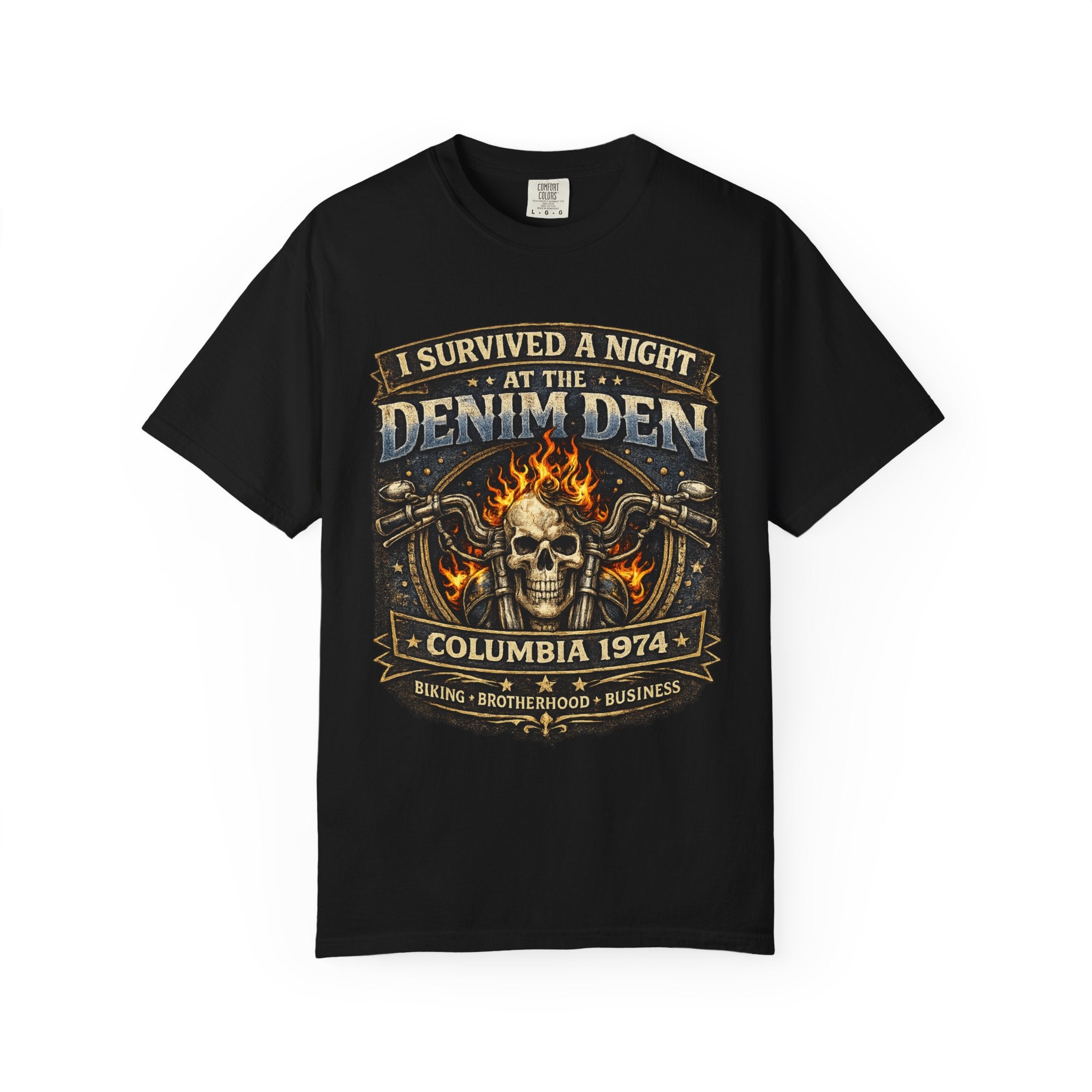 Denim Den Skull T-Shirt — "I Survived a Night at the Denim Den Columbia 1974" Vintage Biker Tee